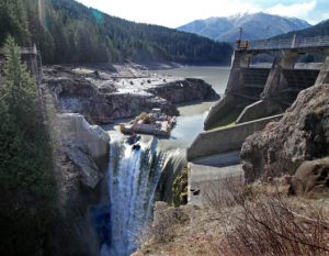In this March 19, 2012 photo, an excavator sitting on a barge chips away at the Glines Canyon Dam, 13 miles upriver from the mouth of the Elwah. The dam is now a third of the way gone. Lake Mills is in the background. Earlier this month, contractors removed the last of the Elwha Dam from the river. (AP Photo/The Seattle Times, Steve Ringman) MAGS OUT; NO SALES; SEATTLEPI.COM OUT; MANDATORY CREDIT; TV OUT; USA TODAY OUT